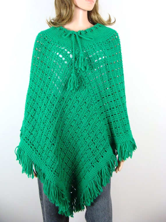 Vintage Poncho 70s Handmade Knit Fringe Trim Blank