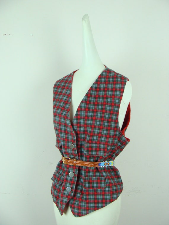 Vintage Flannel Vest 70s Plaid Red Reversible Ves… - image 9