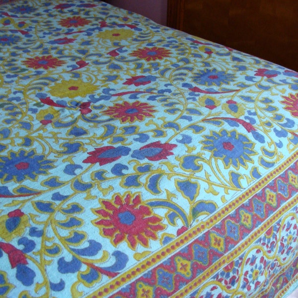 Vintage Indian Cotton Blanket 70s Block Print Bedspread Tablecloth Floral Woven Fabric Bohemian Hippie Lightweight Beach Blanket Picnic