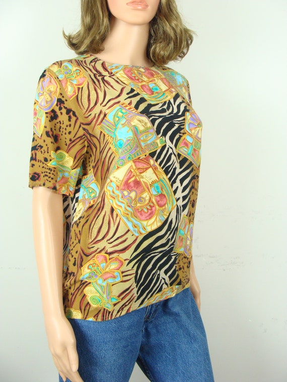 Vintage Mixed Print Blouse 80s Animal Print Tropi… - image 6