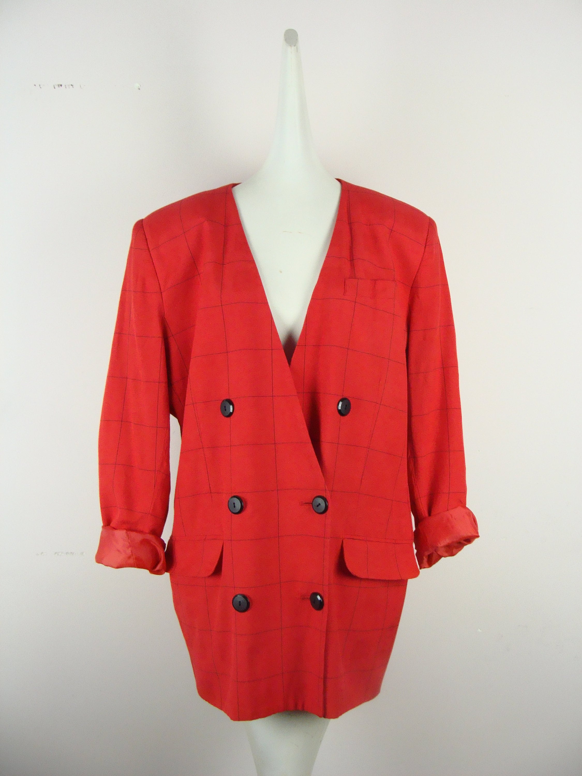 Vintage Power Blazer 90s Shoulder Pads Double Breasted Power Shoulder  Oversized Blazer Boxy 1990s Amanda Smith Red Black Pockets Grid Print 