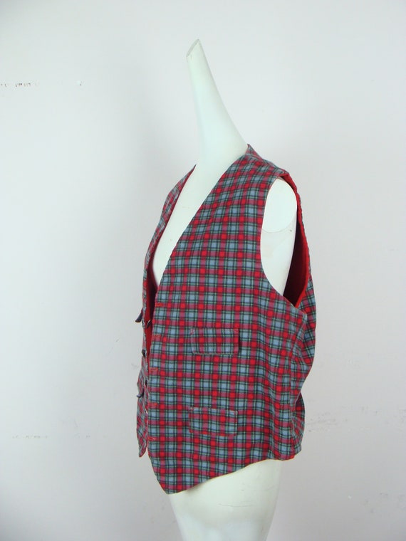 Vintage Flannel Vest 70s Plaid Red Reversible Ves… - image 7