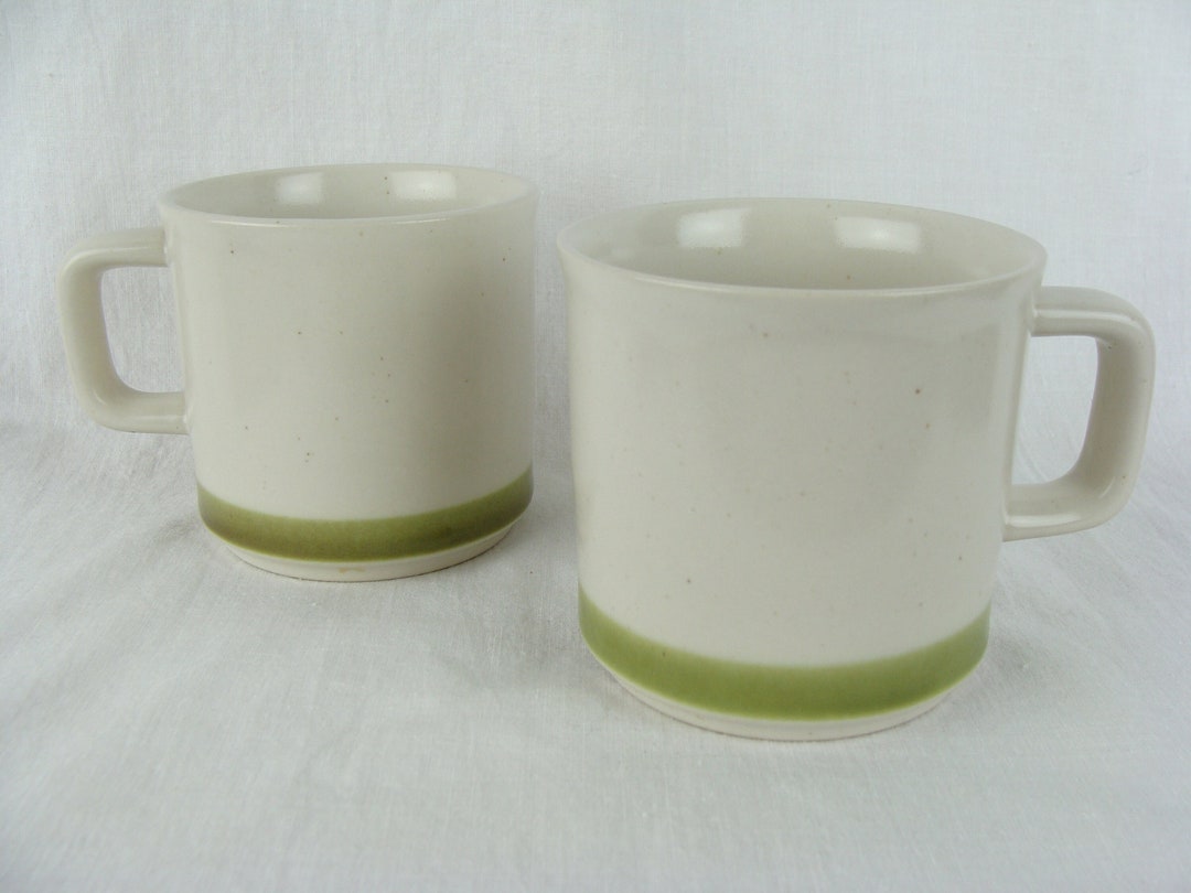 Vintage Stoneware Mugs 70s Spring Collection Set of 2 Green Trim Retro