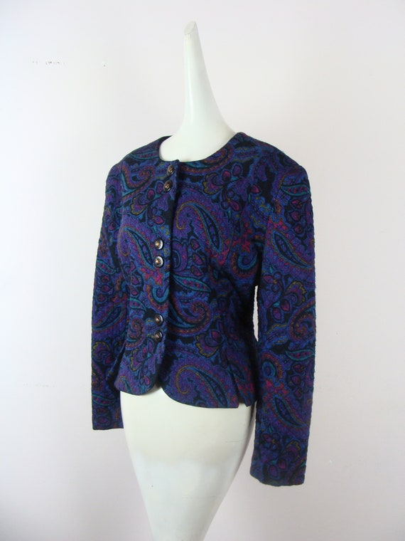 Vintage Quilted Blazer 80s Paisely Printed Jacket… - image 3