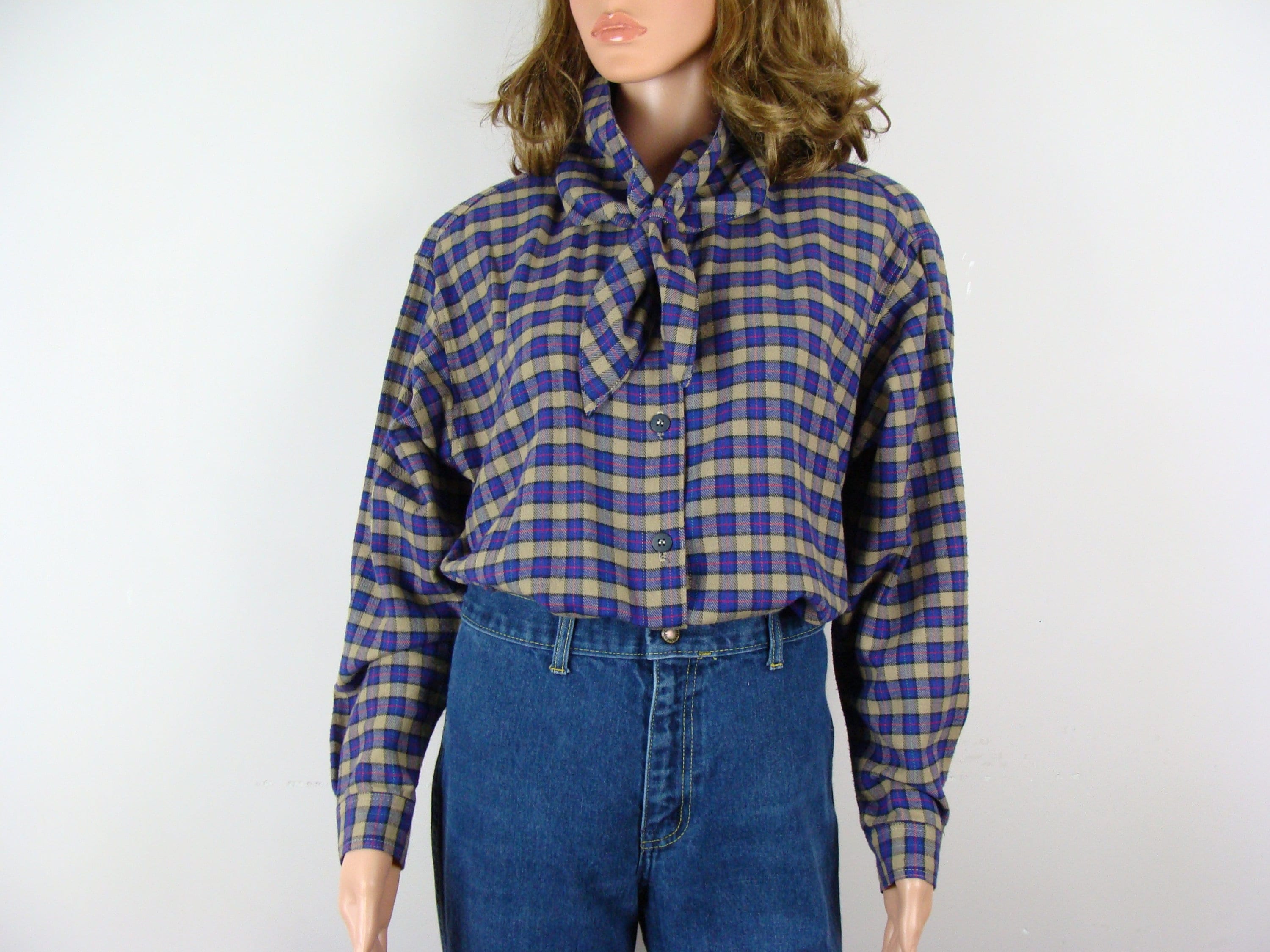 Vintage Flannel Shirt 80s Bandana Collar Plaid Scarf Collar