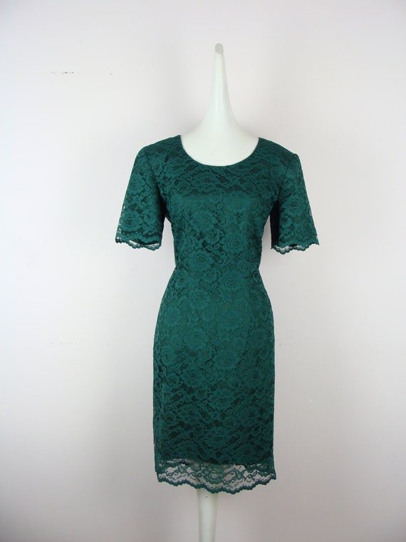 Vintage Lace Dress 90s Green Sheath Knee Length S… - image 1