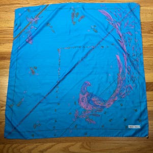 Vintage Peacock Scarf Large Olga Greco Made in Italy Leonardi Polyester Fashion Scarf Blue Pink Purple Pretty Bird Feathers 34&quot; x 34.5&quot;
