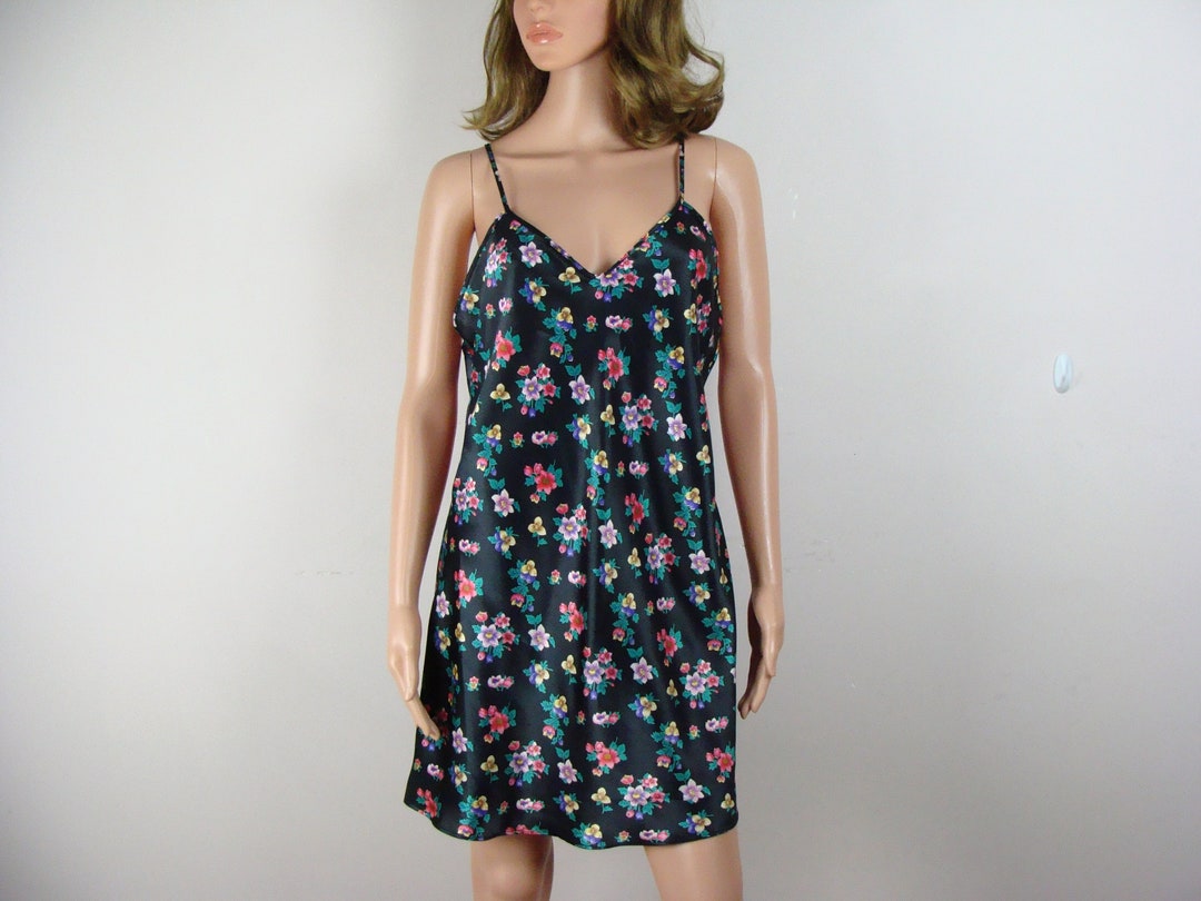 Vintage Floral Print Nightgown 90s Val Mode Lingerie Silky Slip Dress