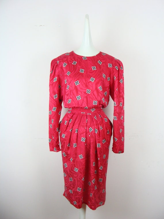 Vintage Silk Dress 80s Tulip Skirt Pockets Printed