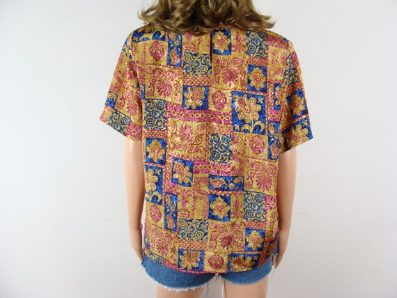 Vintage Printed Blouse 90s Silky Short Sleeve Box… - image 6