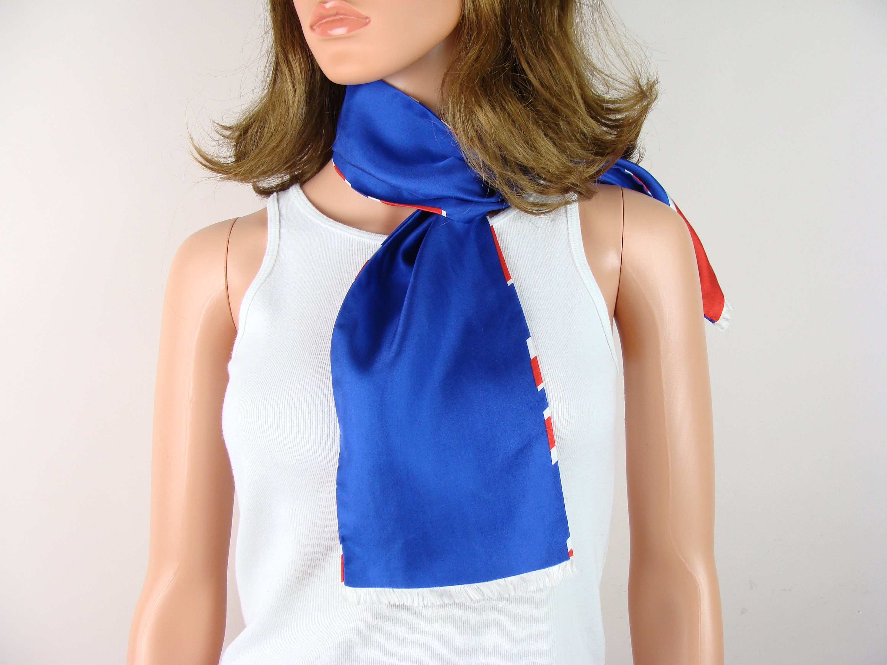 Vintage Reversible Scarf 60s Red White Blue Diagonal Stripe