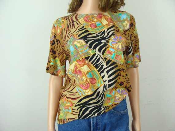 Vintage Mixed Print Blouse 80s Animal Print Tropi… - image 3