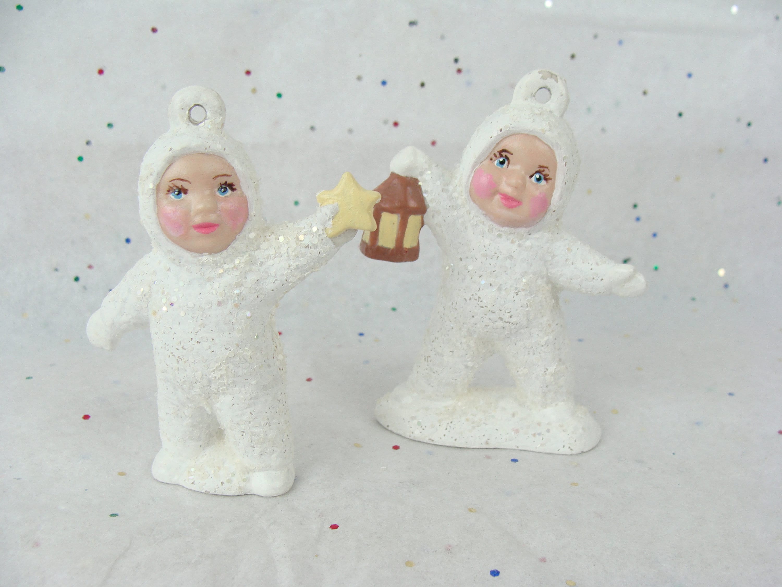 美品　babies スノーベイビーズ　 MINITURES Vintage Snow Baby Ornaments Set of 2 Glitter Mica Bisque