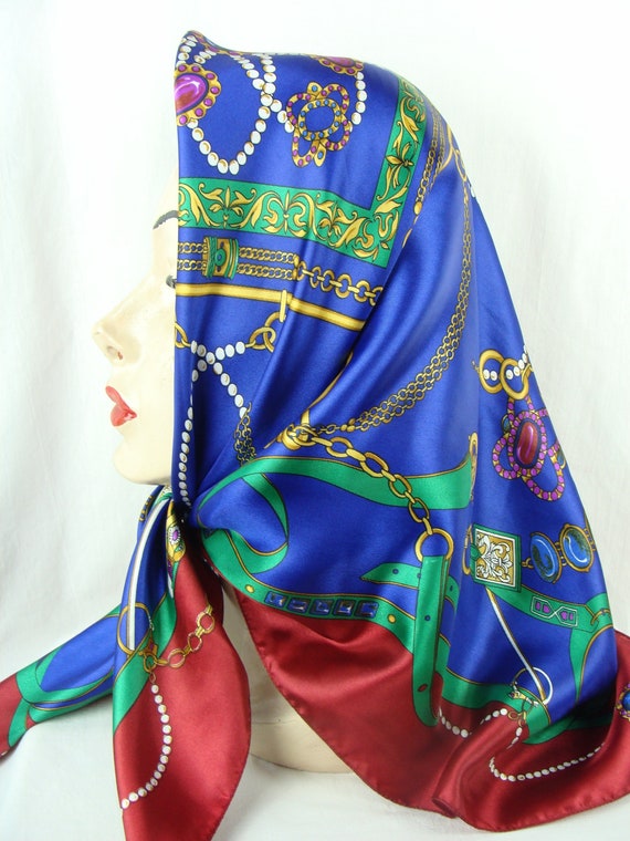satin square shawl headscarf Vintage red silk large scarf women baroque crown equestrian