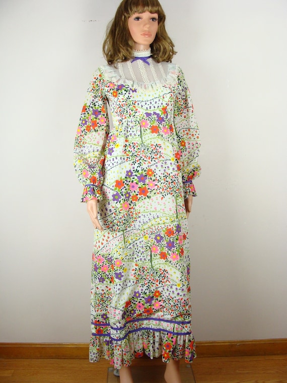 Vintage Prairie Dress 60s Poet Sleeve Maxi Colorf… - image 1