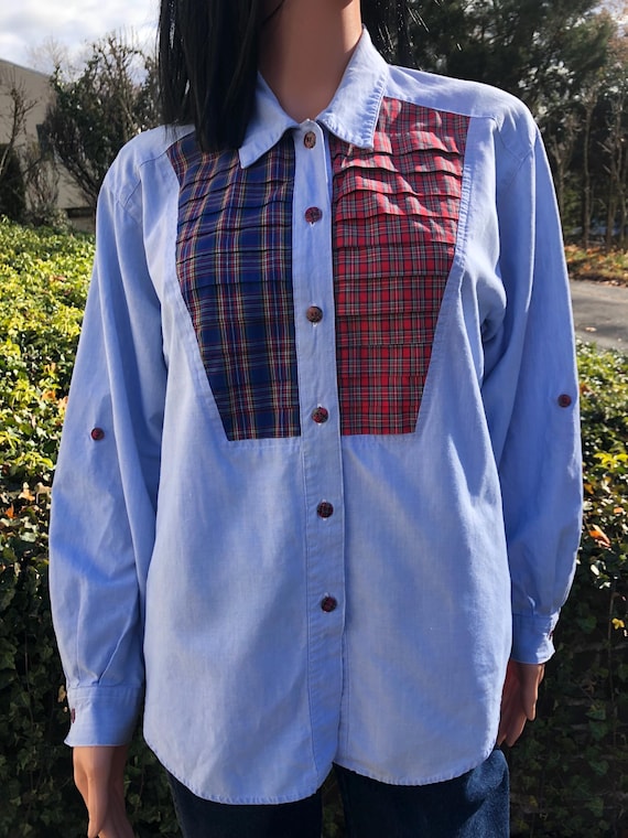 Vintage Patchwork Button Down Shirt 70s Plaid Cha… - image 2