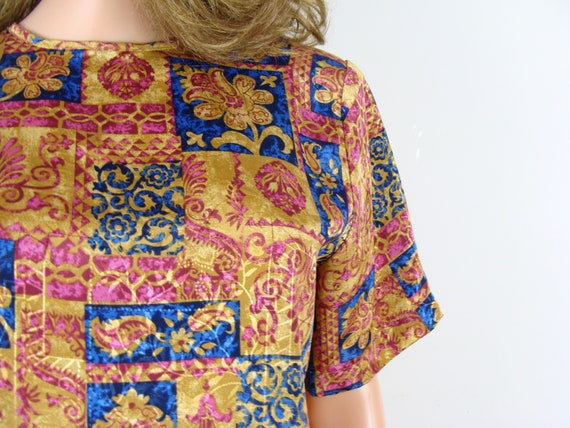 Vintage Printed Blouse 90s Silky Short Sleeve Box… - image 3