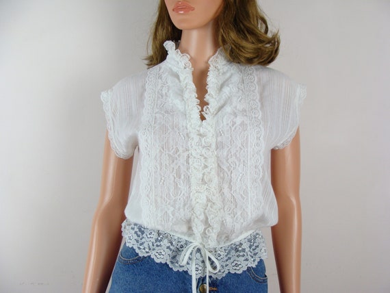 Vintage Prairie Blouse 70s White Lace Trim High Neck Ruffle Shirt 