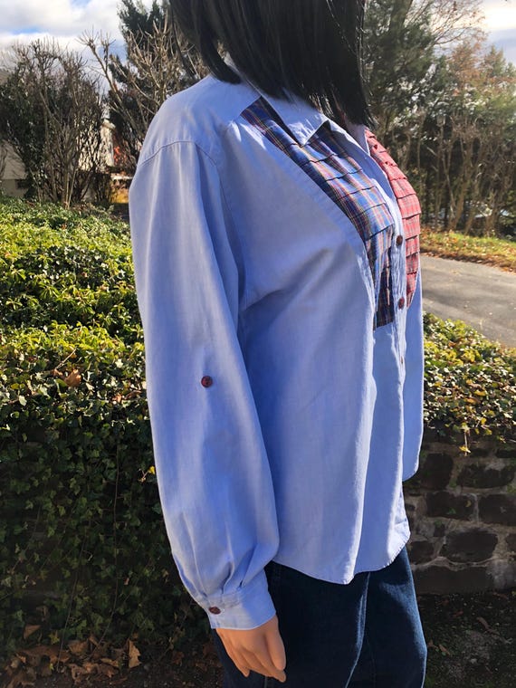 Vintage Patchwork Button Down Shirt 70s Plaid Cha… - image 3