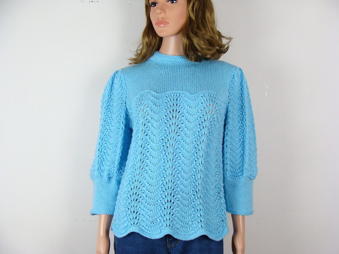 Vintage Knit Sweater 60s Handmade Chunky Knit Puff Sleeve Sweater