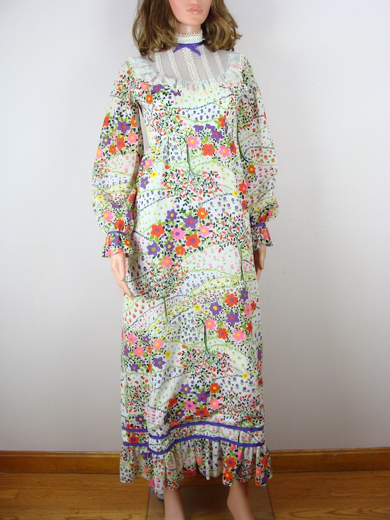 Vintage Prairie Dress 60s Poet Sleeve Maxi Colorf… - image 10