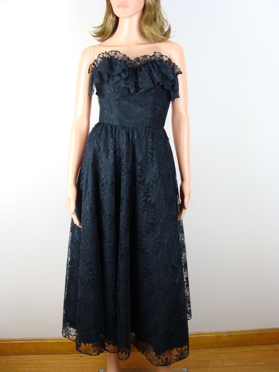 Vintage Black Lace Party Dress 80s does 50s Strap… - image 1