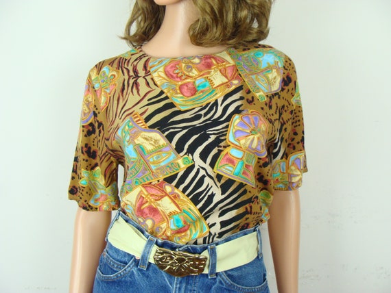 Vintage Mixed Print Blouse 80s Animal Print Tropi… - image 9