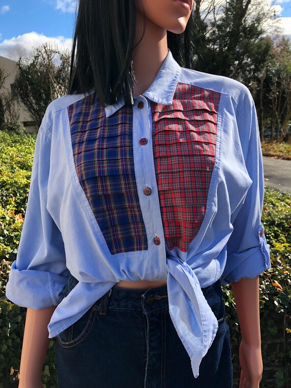 Vintage Patchwork Button Down Shirt 70s Plaid Cha… - image 5
