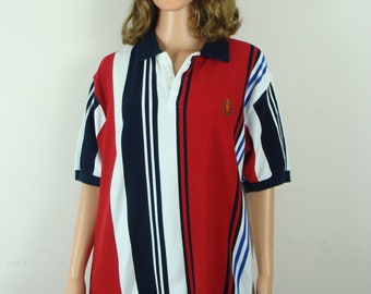 Vintage Chaps Ralph Lauren Oversized Polo Shirt 90s Striped Cotton Top  1990s Size Medium Preppy Classic Red White Blue Black RL Cool 
