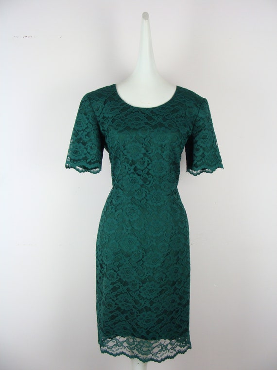Vintage Lace Dress 90s Green Sheath Knee Length S… - image 3