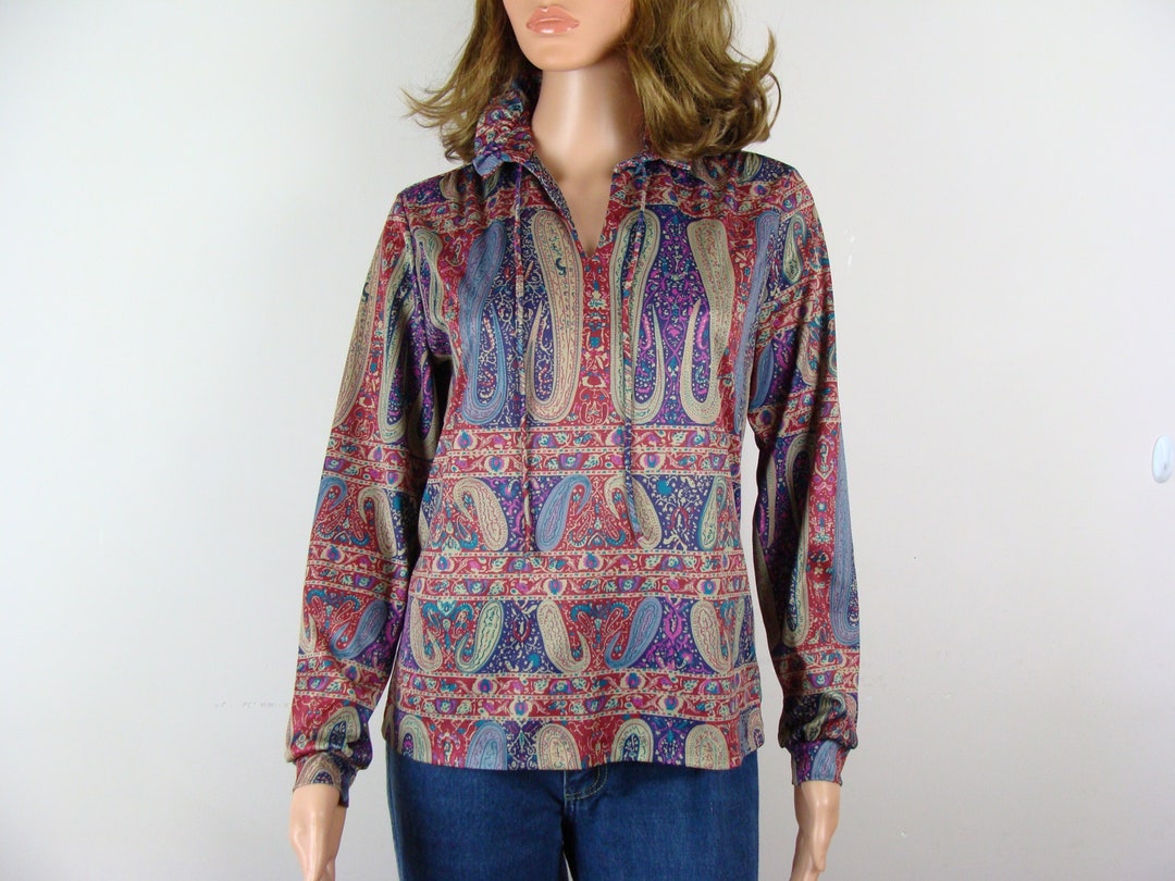 Vintage Paisley Blouse 70s Ruffle High Neck Tie Front Shirt Bohemian ...