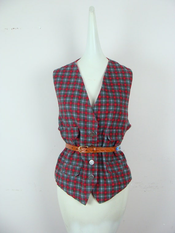 Vintage Flannel Vest 70s Plaid Red Reversible Ves… - image 1