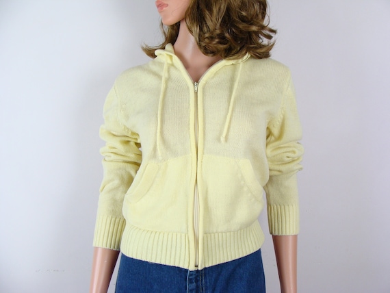 Vintage Knit Hoodie 70s Yellow Zip up Hooded Sweater 80s Fall ...