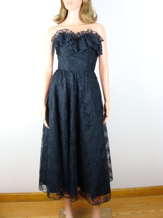 Vintage Black Lace Party Dress 80s does 50s Strap… - image 5