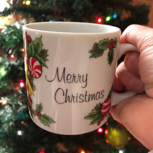 Vintage Christmas Mug 60s Merry Christmas Coffee Mug Ceramic Festive Retro Kitsch Cute Holly Candy Cane Peppermint Japan Cup of Cheer Cocoa