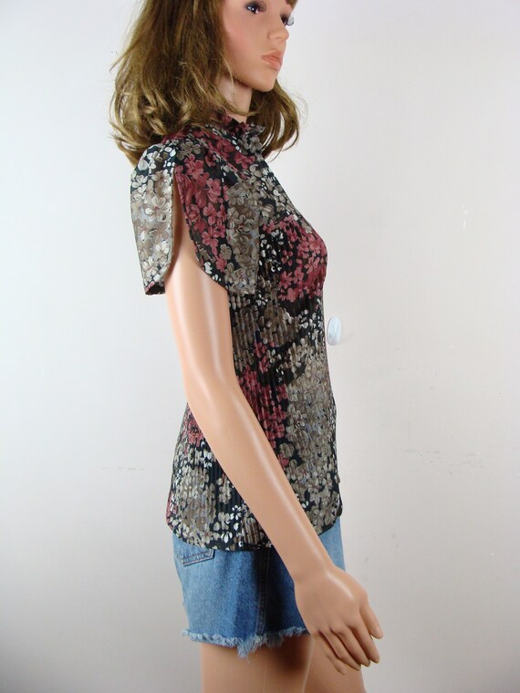 Vintage Floral Print Top 70s Petal Sleeve Pleated… - image 6