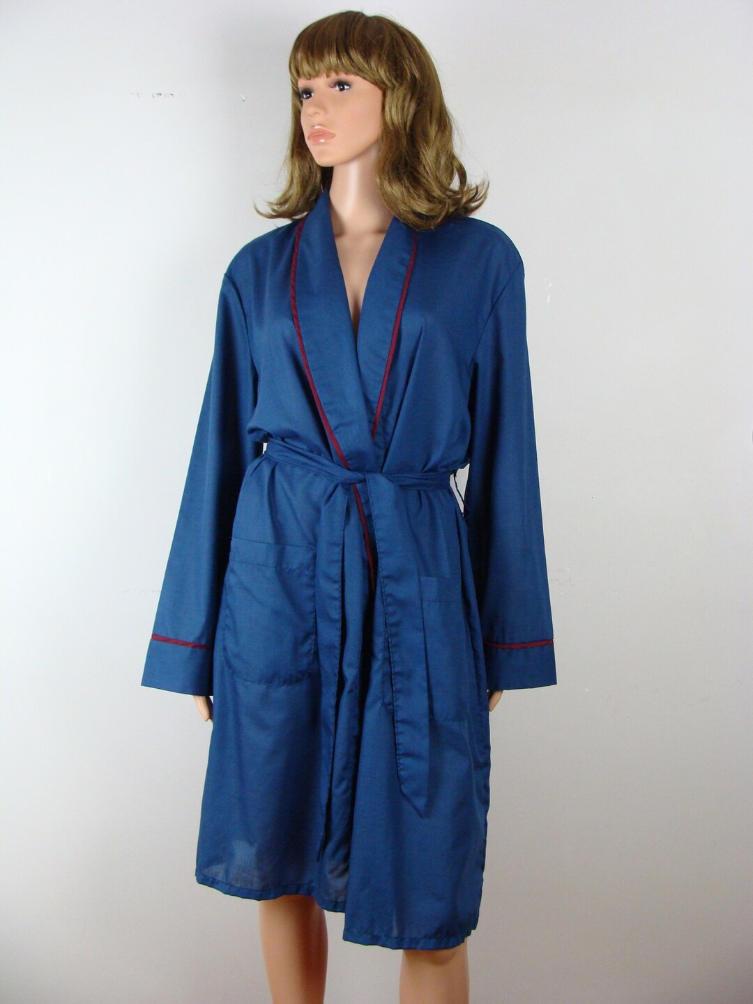 Vintage Men's Robe 70s JC Penny Lightweight Robe Dresisng Gown Navy Blue Size Medium 80s Classic