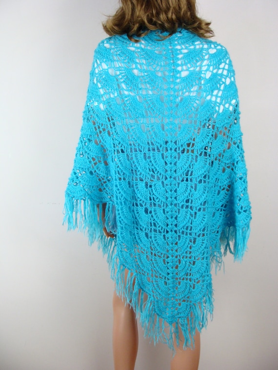 Vintage Crochet Shawl 70s Handmade Turquoise Blue… - image 7