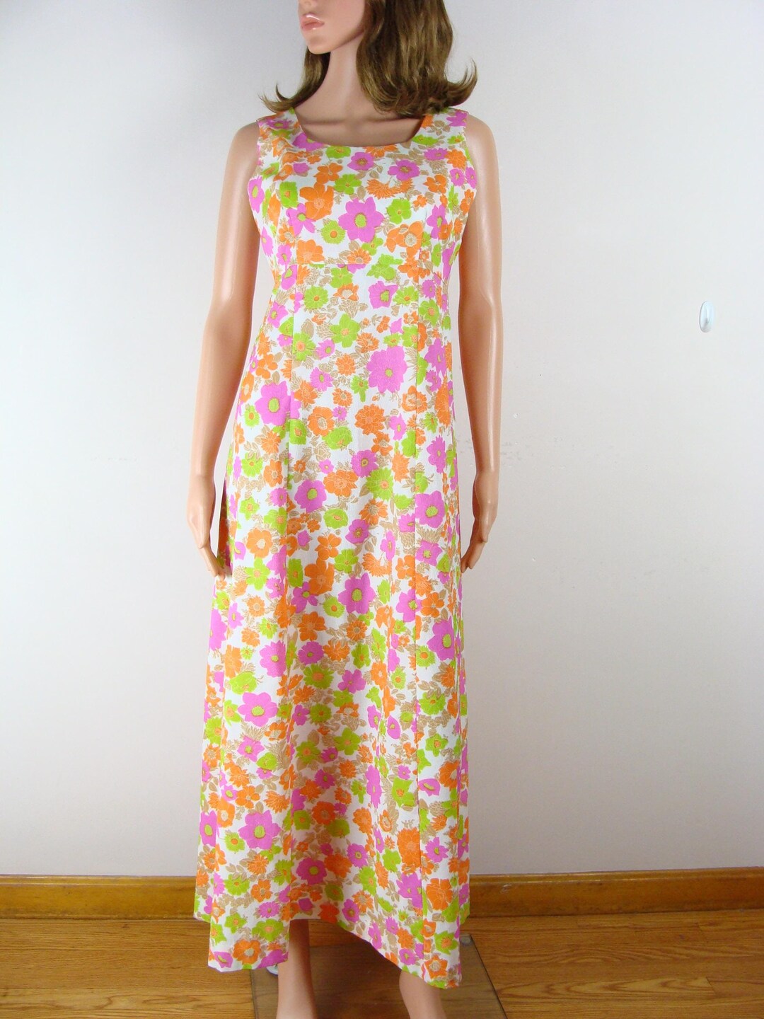 VINTAGE 60s 70s BLUE GREEN PINK PSYCHEDELIC FLORAL JULIET SLEEVE MAXI DRESS 8 10