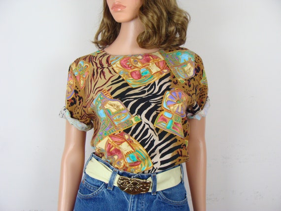 Vintage Mixed Print Blouse 80s Animal Print Tropi… - image 1