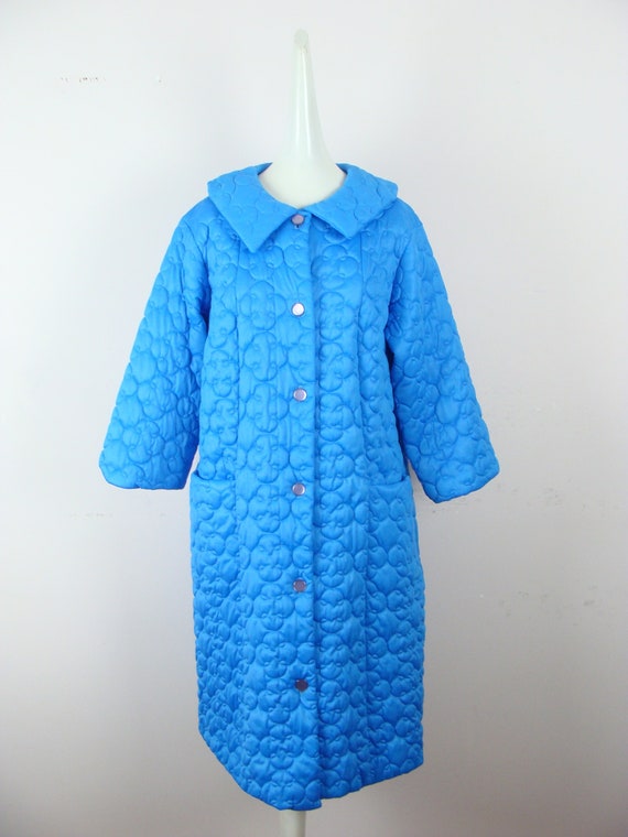 Vintage Quilted House Coat 60s Blue 3/4 Sleeve Button Down Etsy