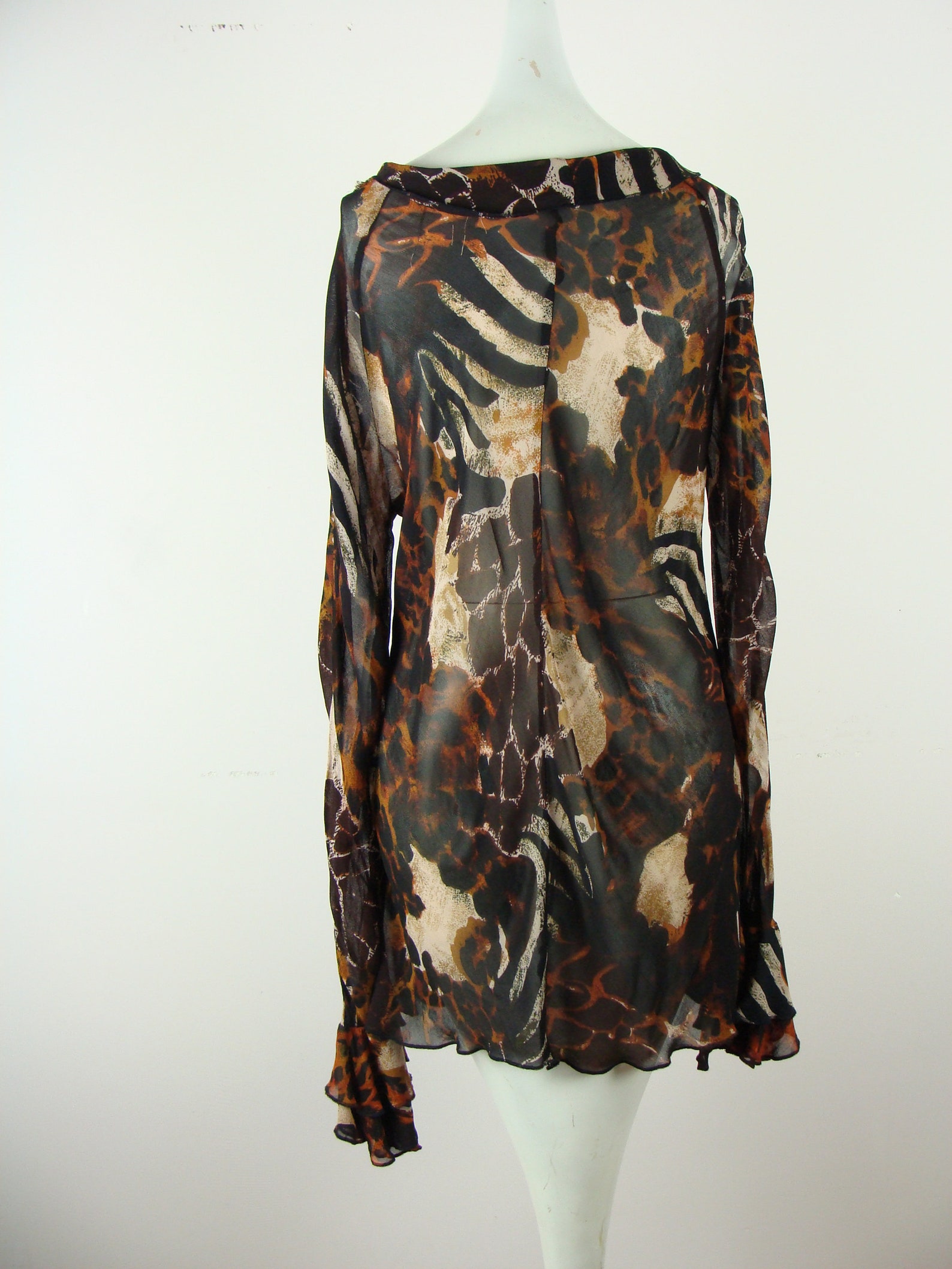 Vintage Sheer mesh mixed animal print V neck top … s-m