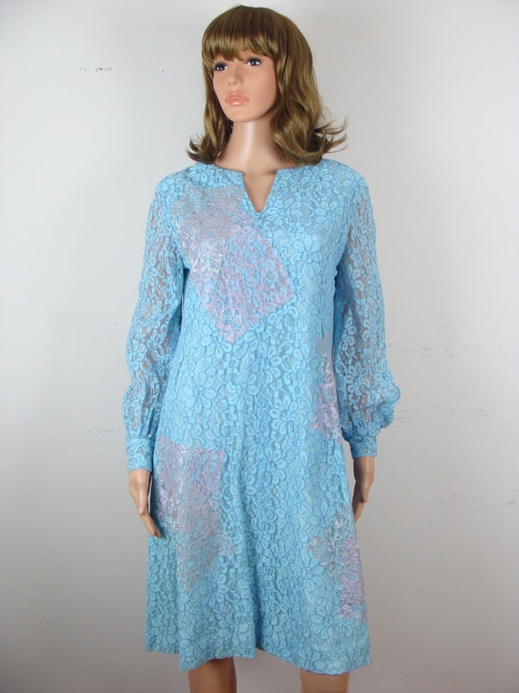 Vintage Lace Dress 60s Long Sleeve Pastel Patchwo… - image 1