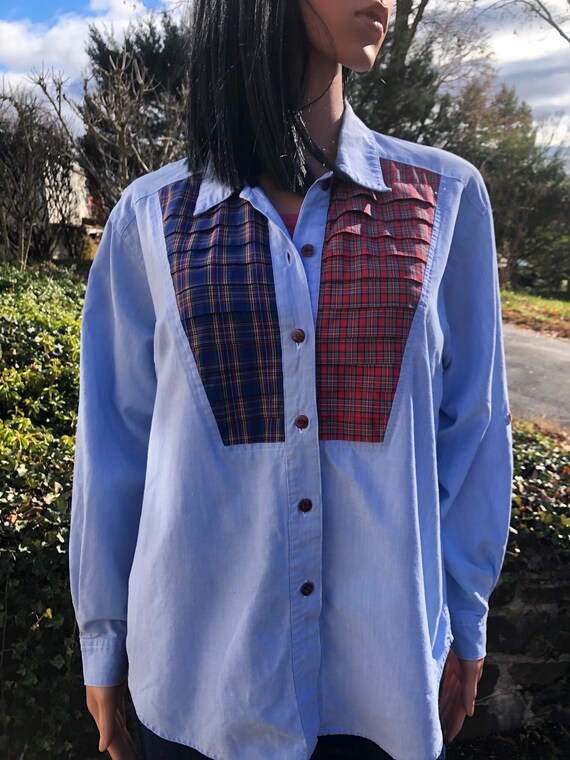 Vintage Patchwork Button Down Shirt 70s Plaid Cha… - image 15