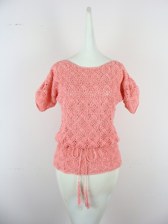 Textured Striped 1980\u2019s Crochet Knit Sleeveless Top Pink Colorblock