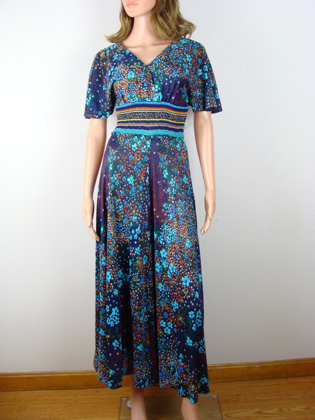 Vintage Floral Maxi Dress 70s Flutter Sleeve Psychedelic Printed Retro ...