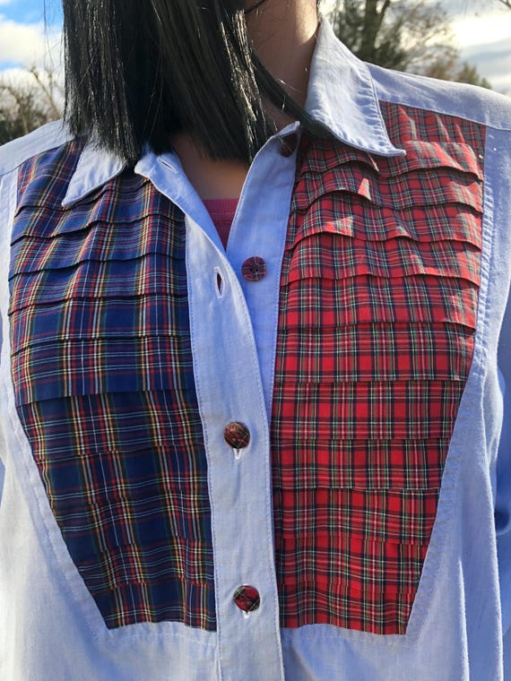 Vintage Patchwork Button Down Shirt 70s Plaid Cha… - image 9