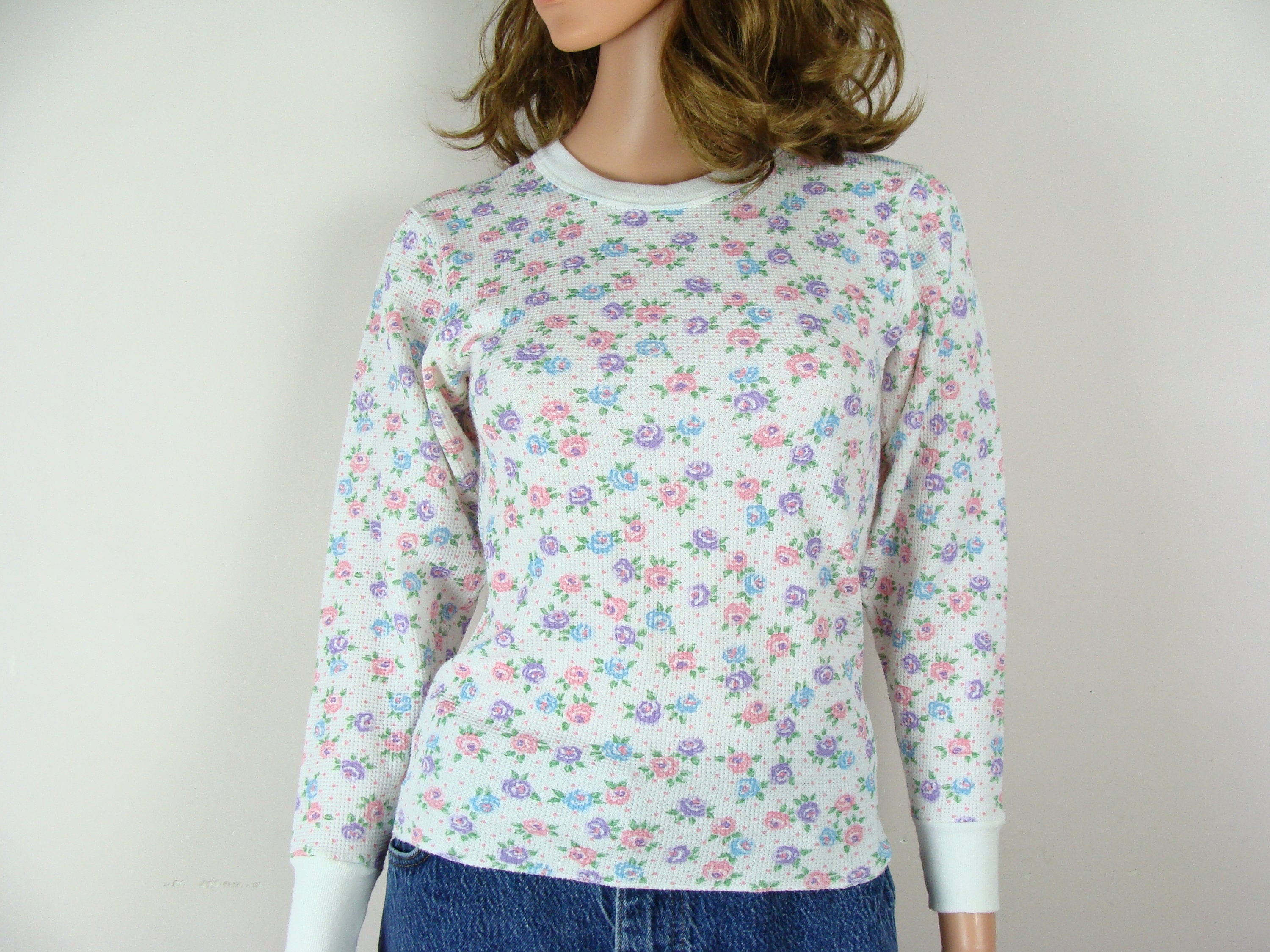 Vintage Thermal Shirt 80s Floral Print Waffle Knit Long Sleeve Top 90s  Comfy Club Made in USA Girl's Size 14 / 16 Polka Dot Pastel Pretty