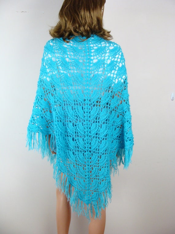 Vintage Crochet Shawl 70s Handmade Turquoise Blue… - image 8