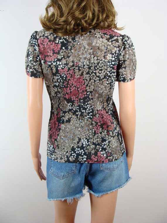 Vintage Floral Print Top 70s Petal Sleeve Pleated… - image 8